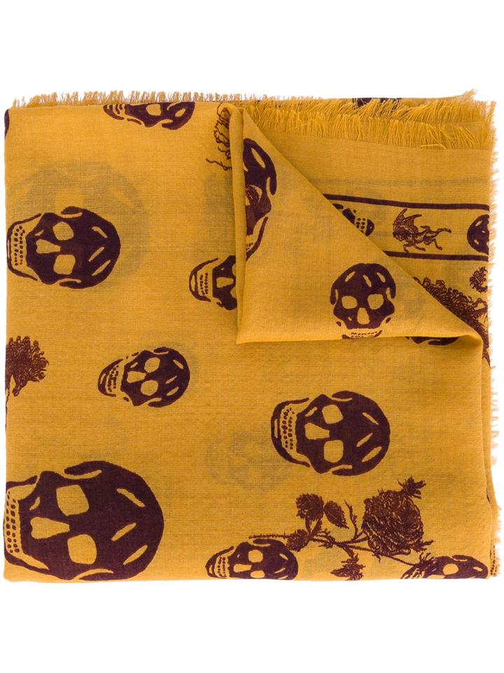 Alexander Mcqueen - Skull And Badge Scarf - Men - Silk/wool - One Size, Yellow/orange, Silk/wool
