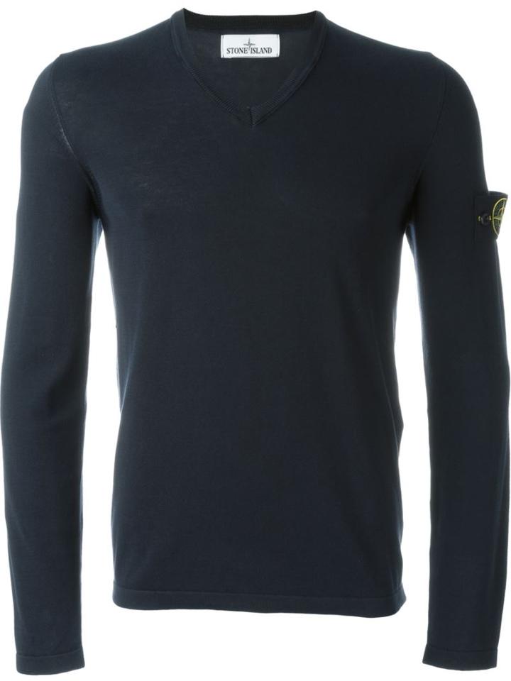 Stone Island V-neck Sweater, Men's, Size: Large, Blue, Cotton