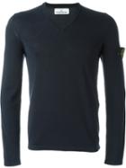 Stone Island V-neck Sweater, Men's, Size: Large, Blue, Cotton