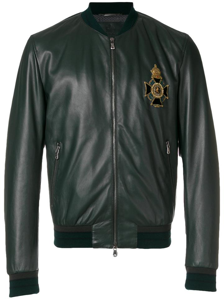 Dolce & Gabbana Embroidered Patch Leather Bomber Jacket - Green