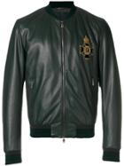Dolce & Gabbana Embroidered Patch Leather Bomber Jacket - Green