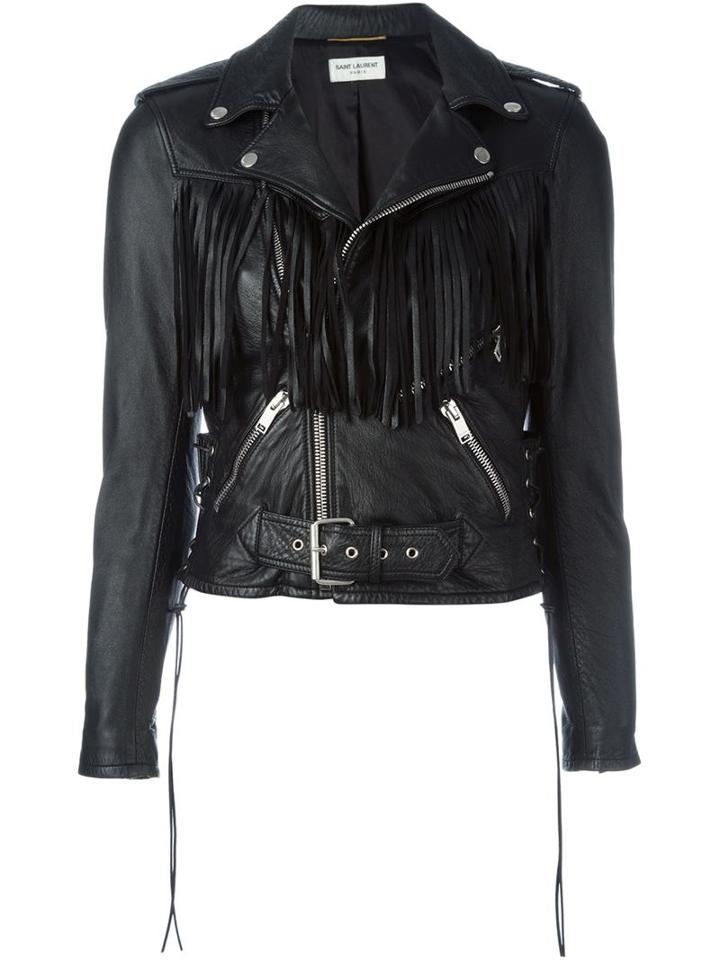Saint Laurent Fringed Biker Jacket, Women's, Size: 42, Black, Lamb Skin/cupro/cotton