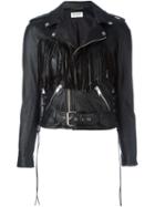 Saint Laurent Fringed Biker Jacket, Women's, Size: 42, Black, Lamb Skin/cupro/cotton