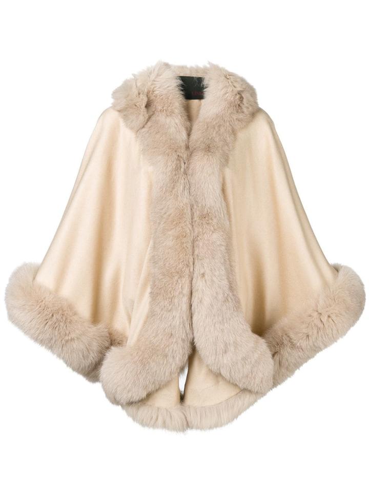 Liska Fox Fur Trim Cape - Neutrals