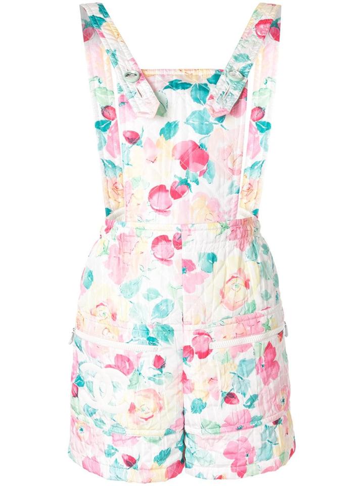Chanel Vintage Floral Print Quilted Dungarees - White