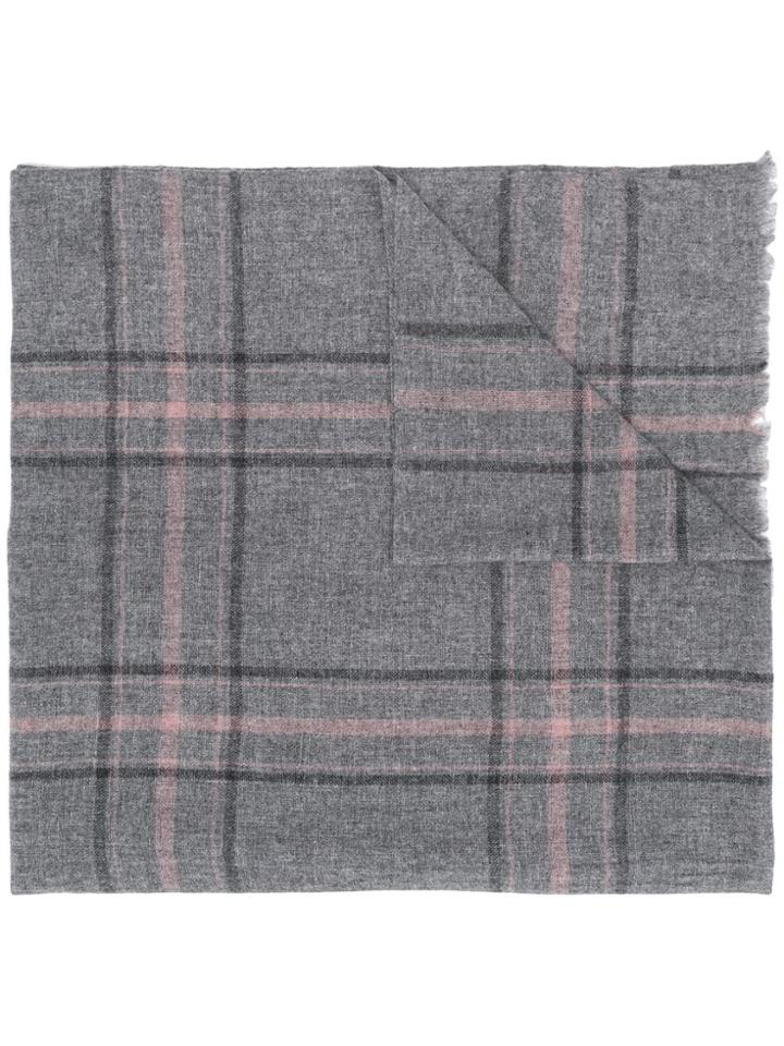 Closed Frayed Checked Scarf - Grey
