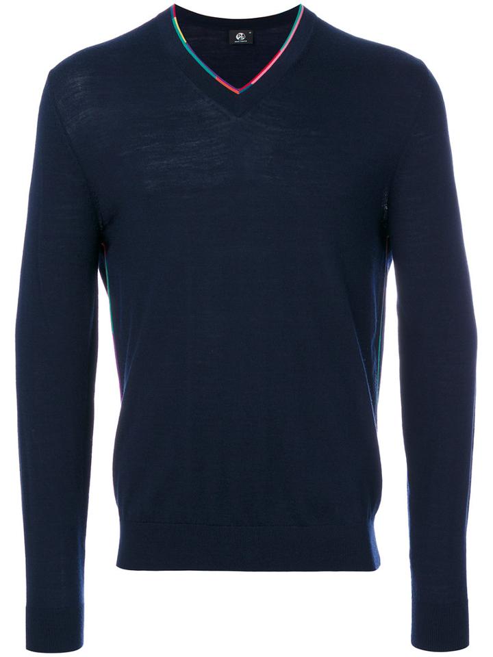 Ps By Paul Smith - Multicolour Trim V-neck Sweater - Men - Nylon/spandex/elastane/merino - S, Blue, Nylon/spandex/elastane/merino