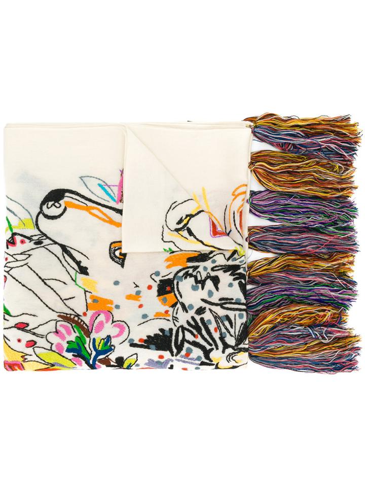 Wunderkind Abstract Patterned Fringed Scarf - White