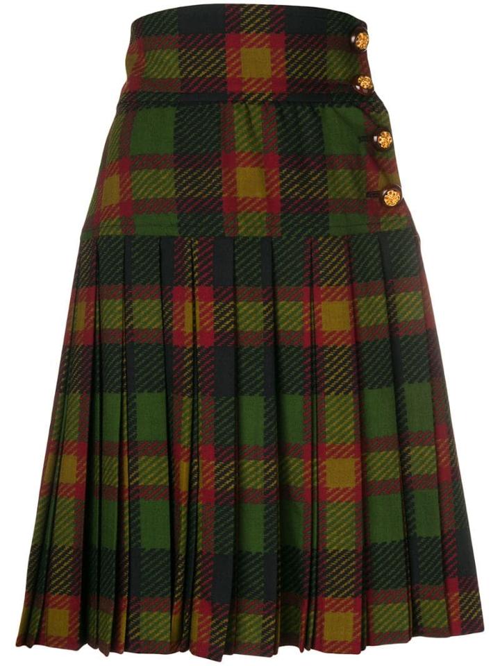 Yves Saint Laurent Pre-owned Pleated Tartan Skirt - Green
