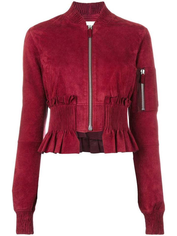 Cédric Charlier Ruffled Hem Bomber Jacket, Women's, Size: 40, Red, Goat Skin