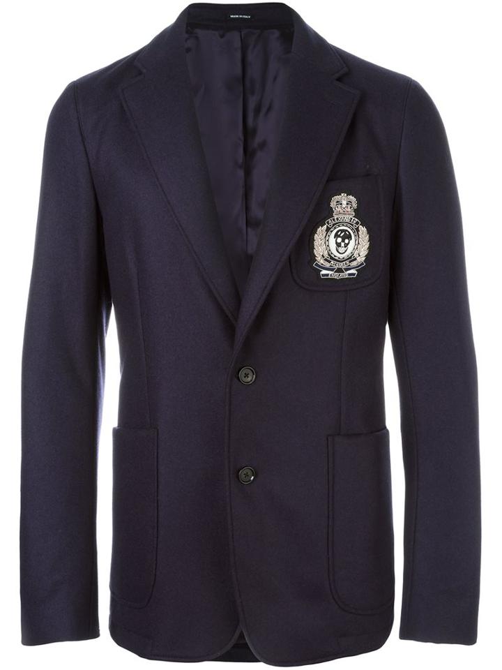 Alexander Mcqueen Skull Badge Blazer, Men's, Size: 50, Blue, Polyester/viscose/virgin Wool/metal