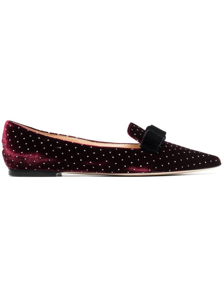 Jimmy Choo Red Gala Bow And Crystal Embellished Velvet Flats