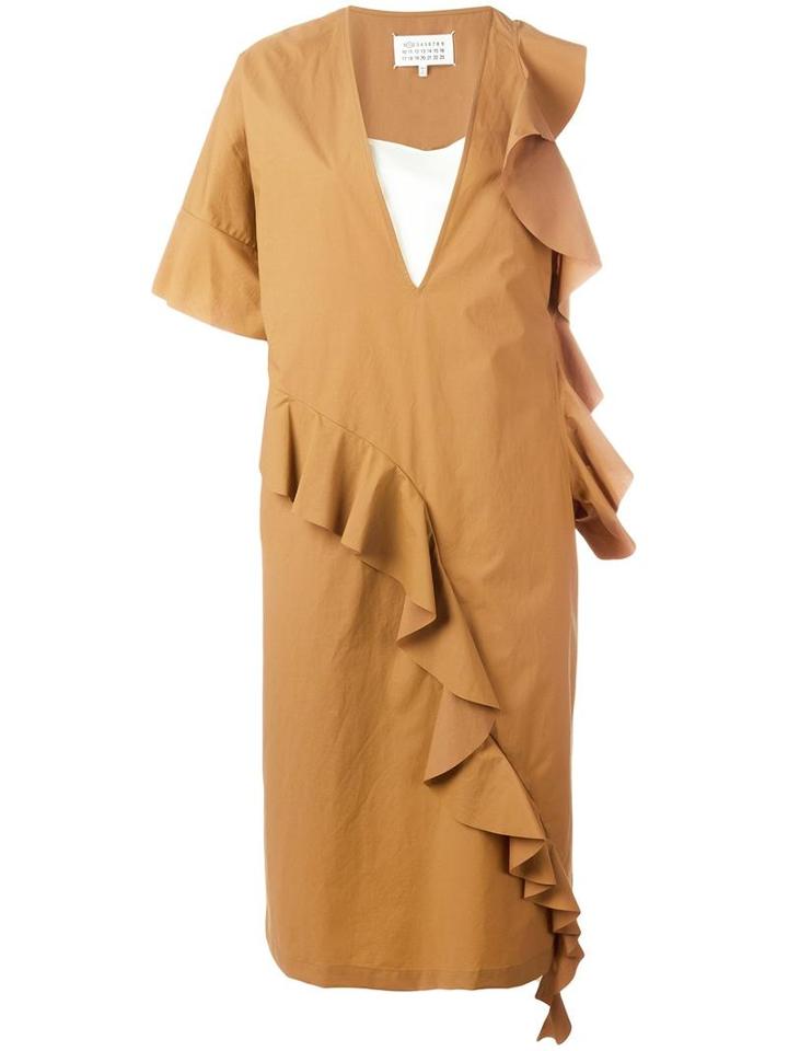 Maison Margiela Ruffle Trim Asymmetric Dress, Women's, Size: 42, Brown, Cotton/polyamide/polyurethane/viscose