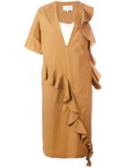Maison Margiela Ruffle Trim Asymmetric Dress, Women's, Size: 42, Brown, Cotton/polyamide/polyurethane/viscose