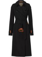 Burberry Leather Detail Cotton Gabardine Trench Coat - Black