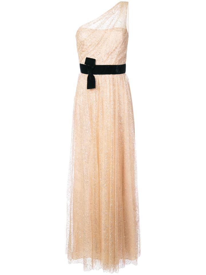 Marchesa Notte One-shoulder Belted Glitter Dress - Nude & Neutrals