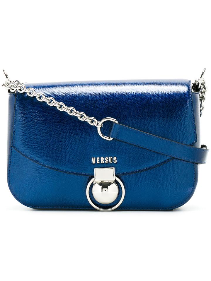 Versus Logo Plaque Satchel, Women's, Blue, Calf Leather/cotton/metal (other)