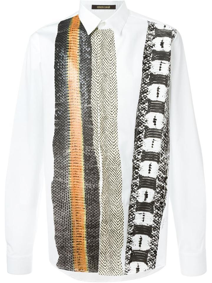 Roberto Cavalli Snakeskin Print Shirt, Men's, Size: 40, White, Cotton/spandex/elastane