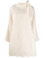 Valentino Floral Lace Neck Bow Dress - White