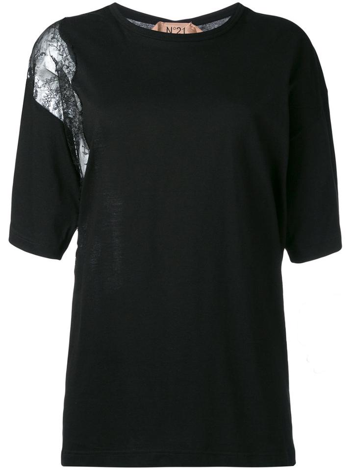 No21 Lace Insert T-shirt, Women's, Size: 42, Black, Cotton/polyamide/viscose