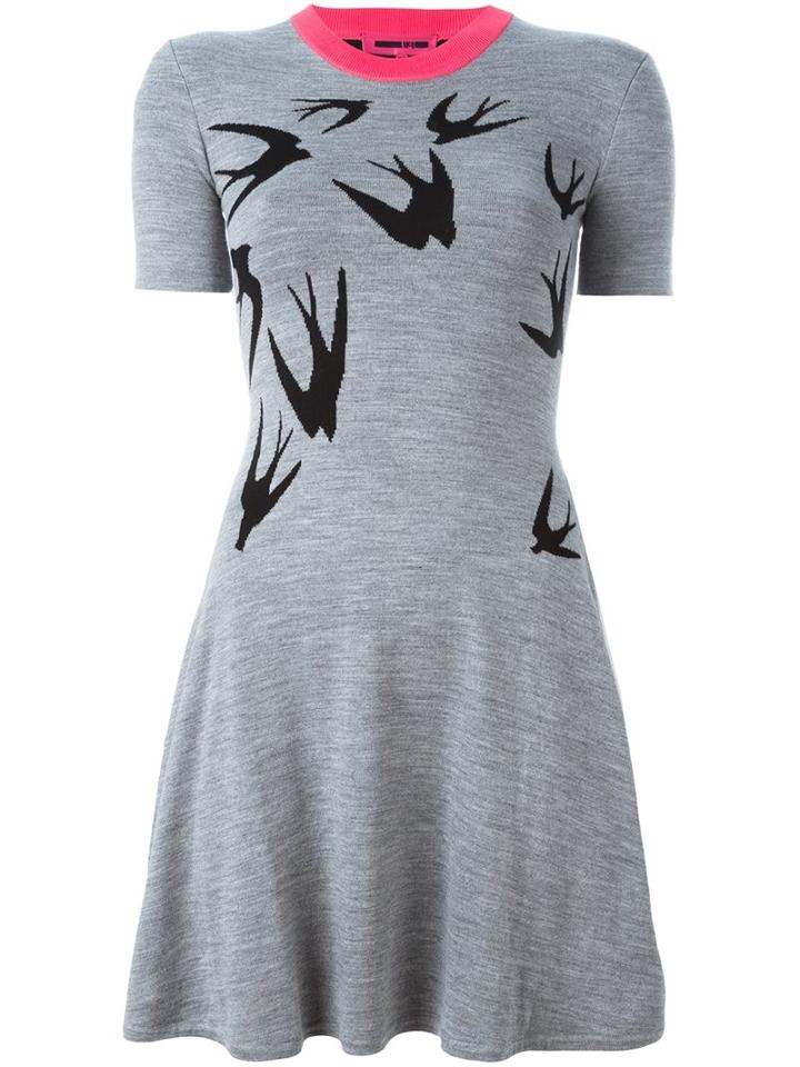 Mcq Alexander Mcqueen Swallow Intarsia Skater Dress, Women's, Size: Small, Grey, Polyester/wool