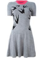 Mcq Alexander Mcqueen Swallow Intarsia Skater Dress, Women's, Size: Small, Grey, Polyester/wool