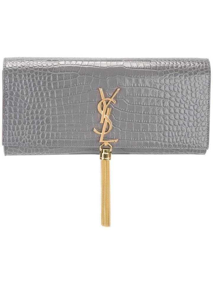 Saint Laurent Kate Monogram Tassel Clutch, Women's, Grey, Calf Leather