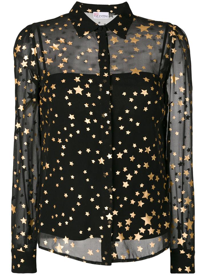 Red Valentino - Layered Sheer Gold Foil Star Shirt - Women - Silk/polyester - 38, Black, Silk/polyester