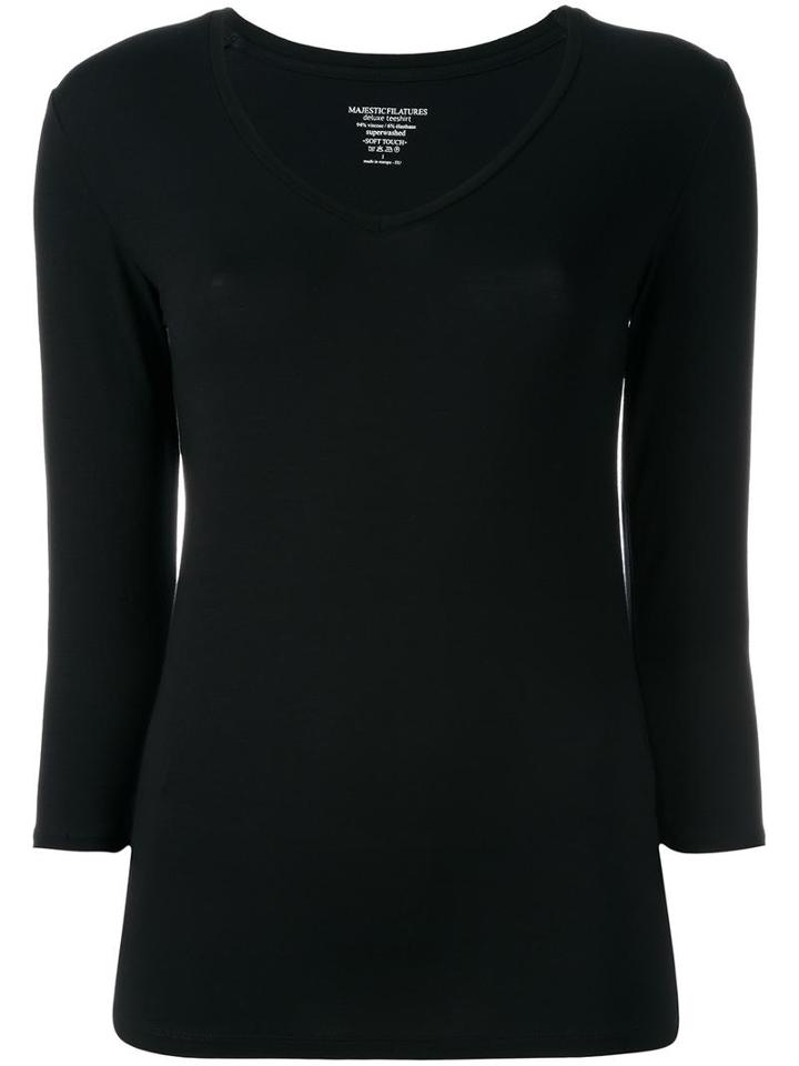 Majestic Filatures Three-quarters Sleeve V-neck T-shirt, Women's, Size: 2, Black, Spandex/elastane/viscose