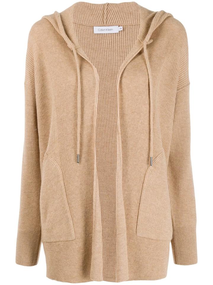 Calvin Klein Hooded Ribbed Cardigan - Brown
