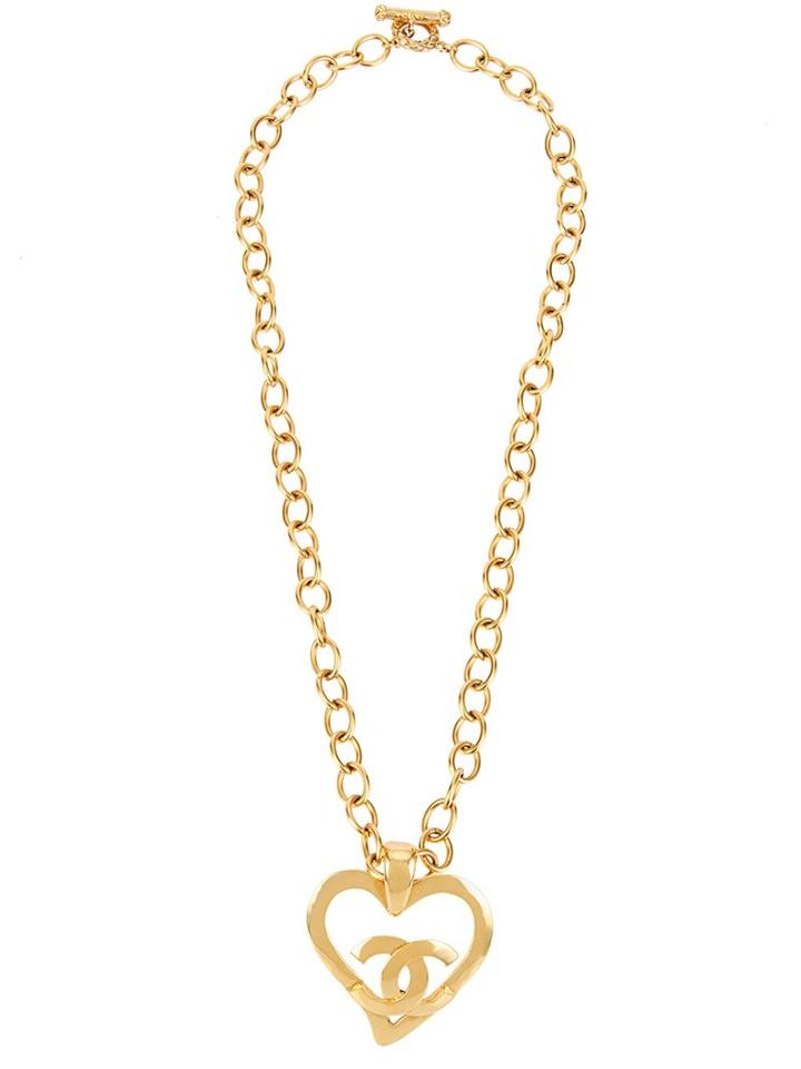 Chanel Vintage Cc Logo Chain Heart Motif Necklace, Women's, Metallic