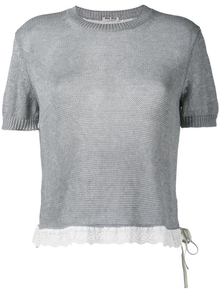 Miu Miu Knitted Short Sleeve Top, Women's, Size: 38, Grey, Cotton
