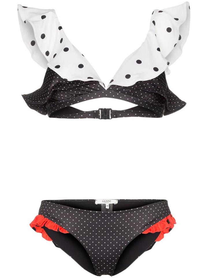 Ganni Prentis Polka Dot Ruffle Bikini - Grey