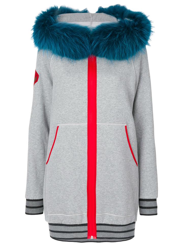 Mr & Mrs Italy - Embroidered Hoodie - Women - Cotton/polyester/viscose/racoon Fur - Xs, Grey, Cotton/polyester/viscose/racoon Fur