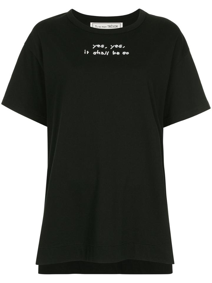 Tu Es Mon Trésor Beaded Slogan T-shirt - Black