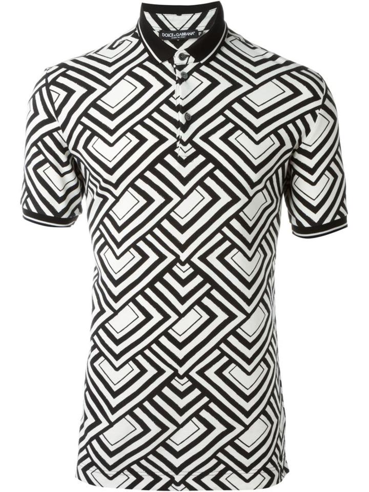 Dolce & Gabbana Geometric Print Polo Shirt, Men's, Size: 46, Black, Cotton/calf Leather