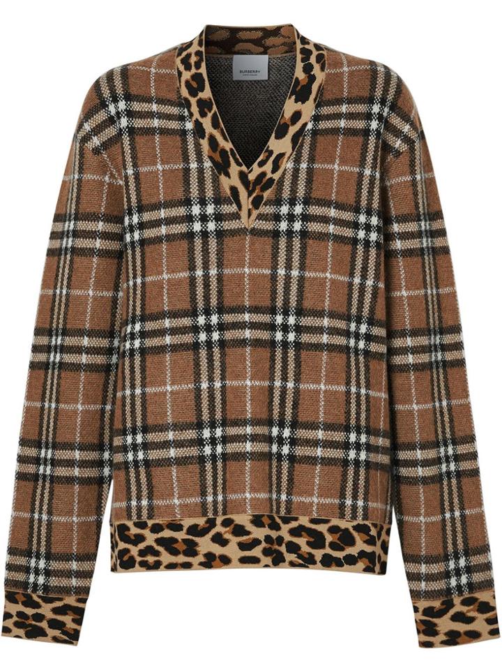 Burberry Vintage Check Leopard-trimmed Sweater - Neutrals