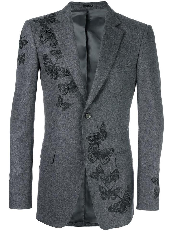 Alexander Mcqueen Moth Embroidered Blazer, Men's, Size: 48, Grey, Virgin Wool/viscose