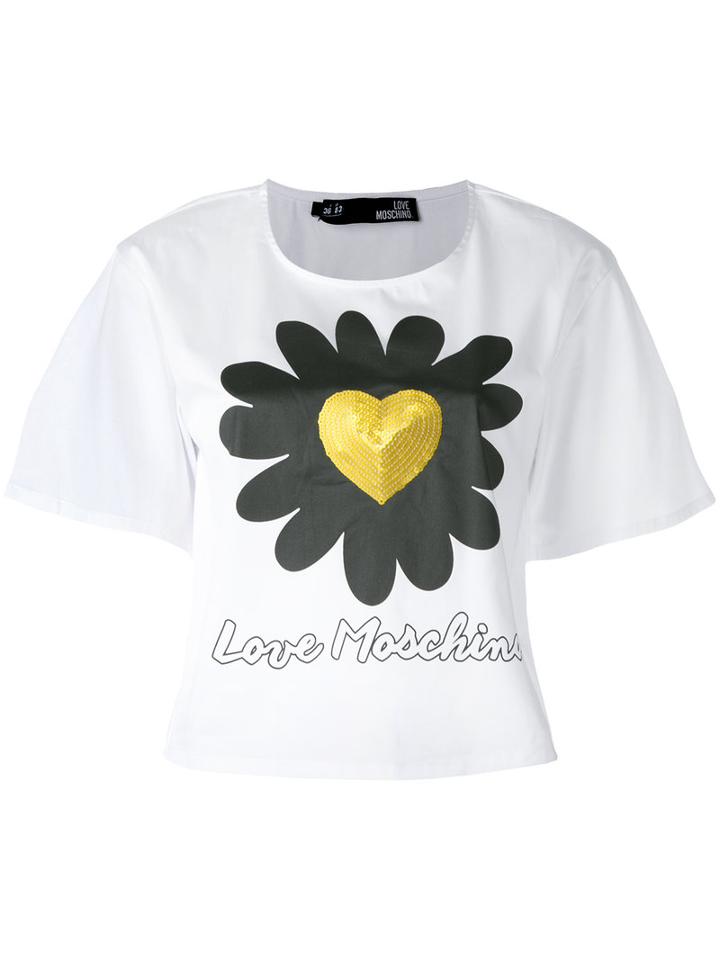 Love Moschino Sequins Heart T-shirt, Women's, Size: 44, White, Cotton/spandex/elastane/polyester