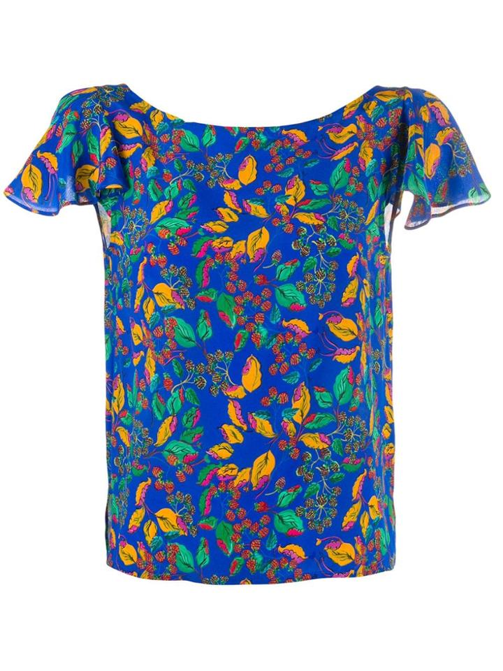 Saloni Berry Leaf-print Silk Blouse - Blue