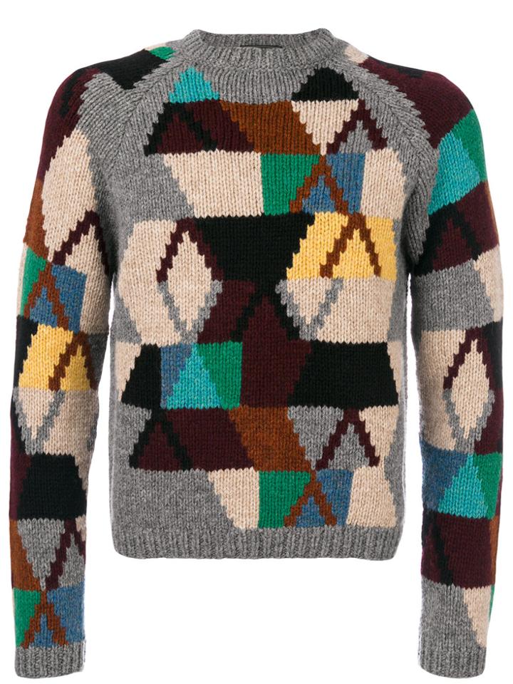 Prada Handmade Geometric Intarsia Jumper - Grey