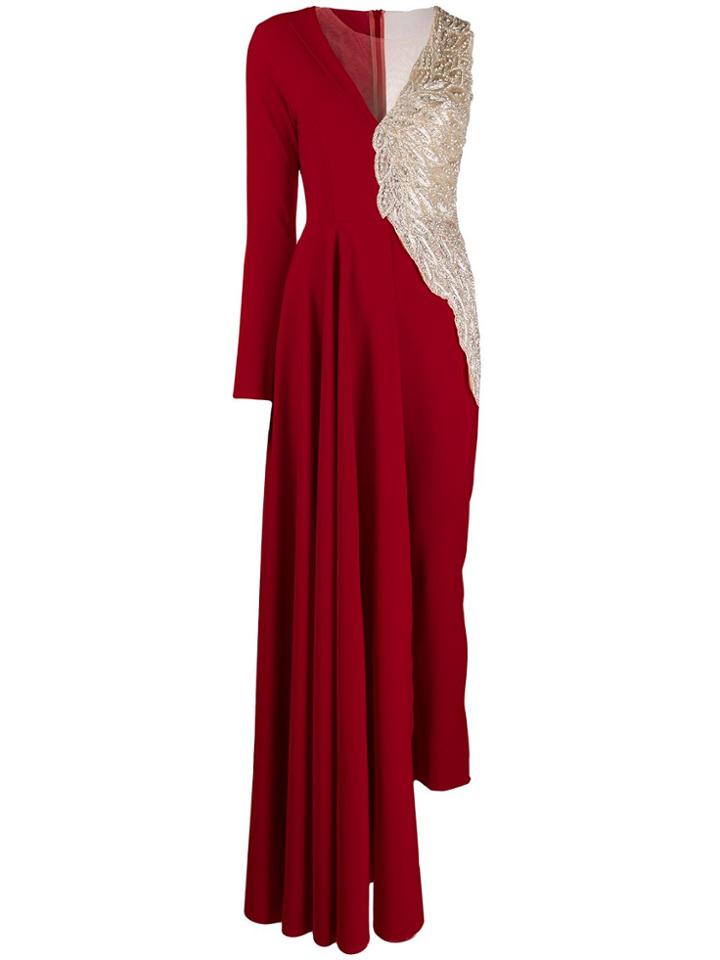 Loulou Asymmetric Beaded Jumpsuit - Red