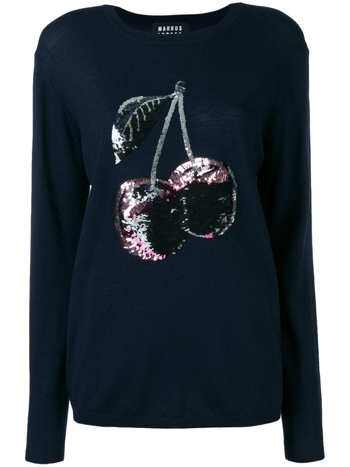 Markus Lupfer Sequin Cherry Embroidered Jumper, Women's, Size: Large, Blue, Plastic/merino
