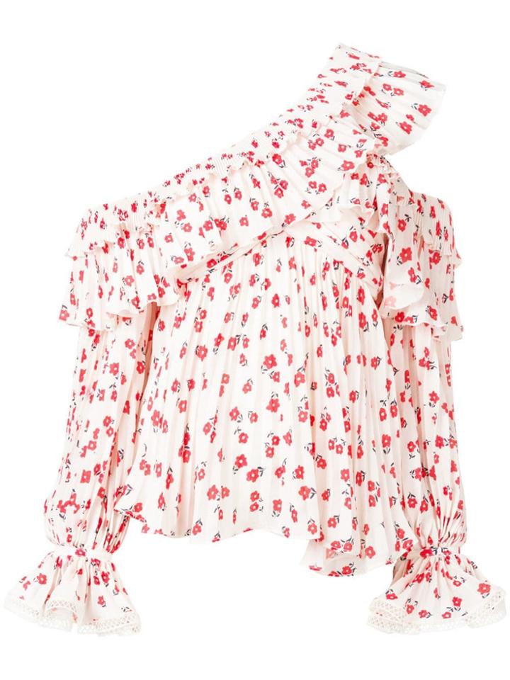 Self-portrait Asymmetric Floral Ruffle Top - White