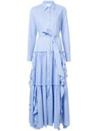 Sara Battaglia Pinstripe Maxi Shirt Dress With Frill Trim - Blue