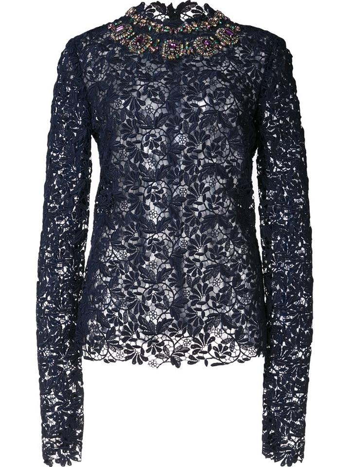 Monique Lhuillier Embroidered Lace Blouse, Women's, Size: 4, Black, Silk
