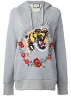 Gucci Tiger Embroidered Hooded Sweatshirt, Size: Small, Grey, Cotton
