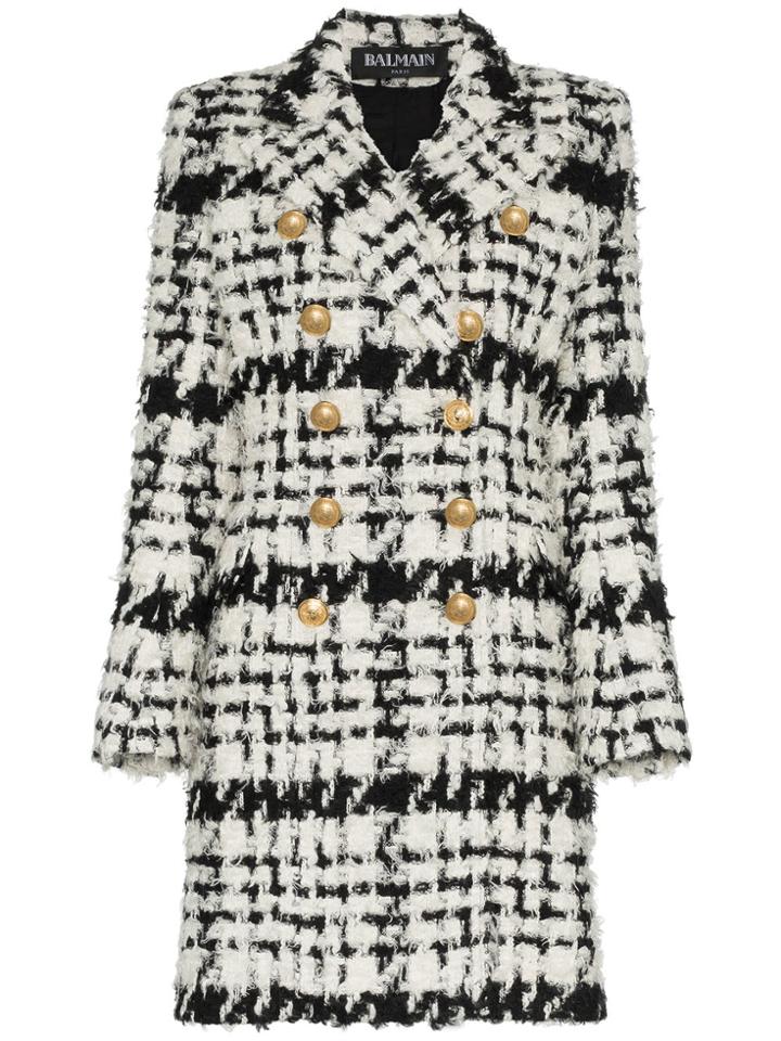 Balmain Double Breasted Tweed Wool Mohair Alpaca Blend Coat - White