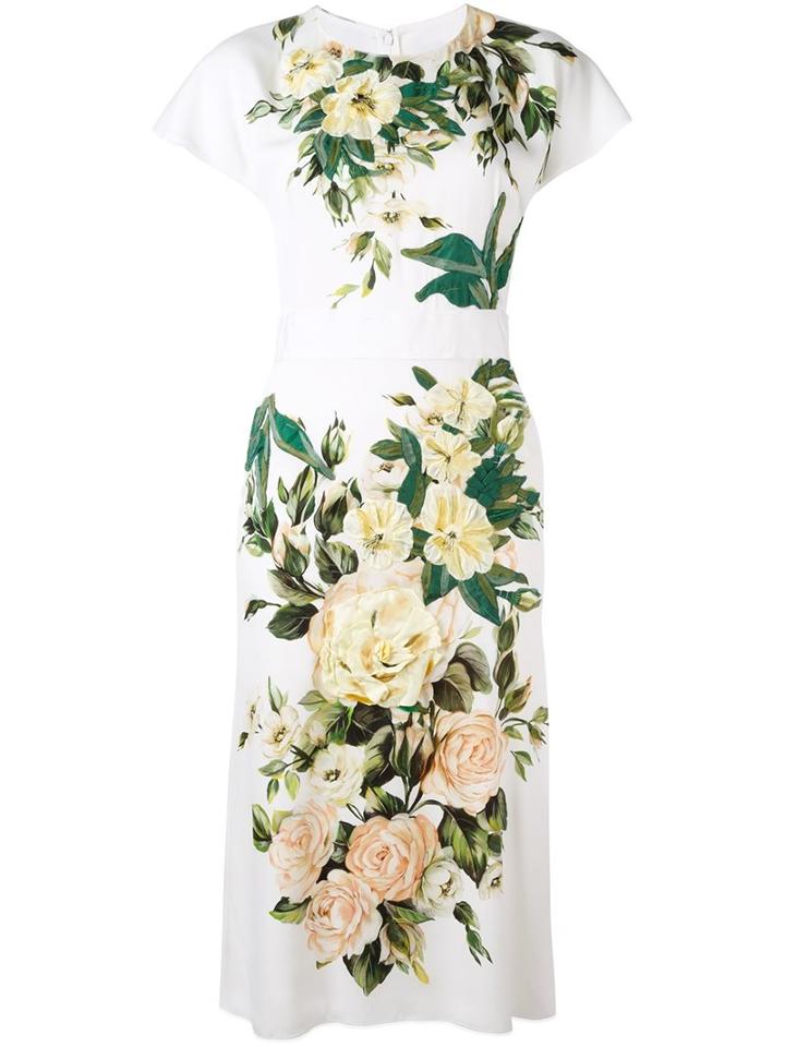 Dolce & Gabbana Rose Print Midi Dress, Women's, Size: 40, White, Silk/spandex/elastane