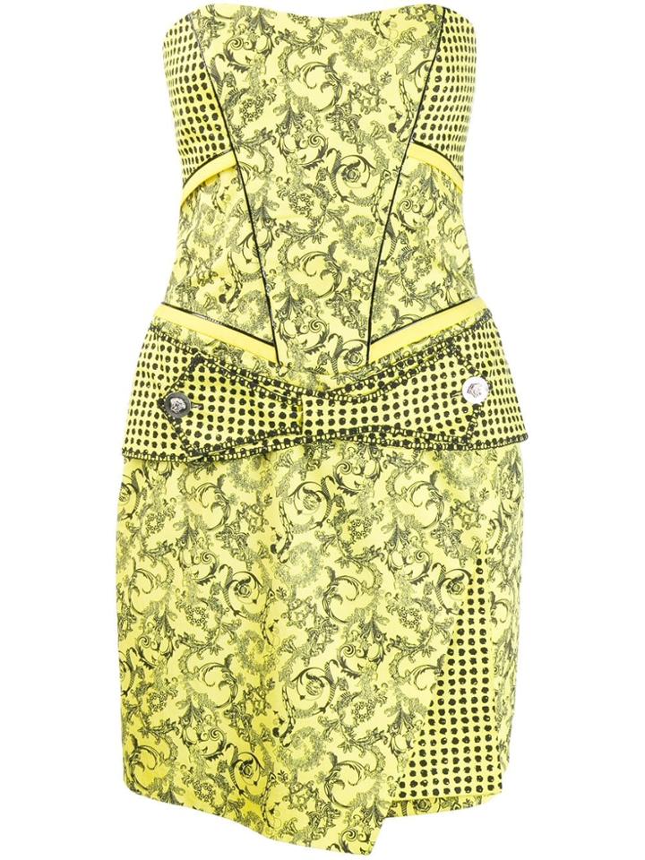 Versace Vintage Barocco Print Strapless Dress - Yellow